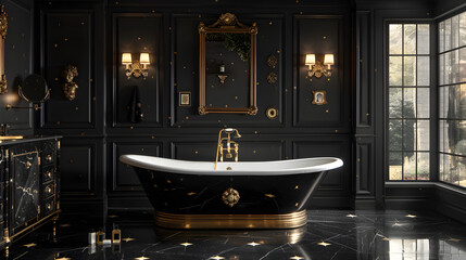 A chic modern bathroom. Black and gold accents interior design. Created with generative AI.