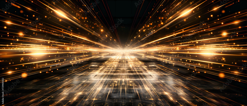 Poster the speed of technology in abstract, where lines and light convey the rapid movement of data and the