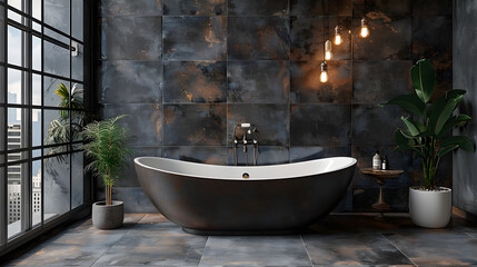 A sophisticated all-black bathroom. Industrial touches interior design. Created with generative AI.