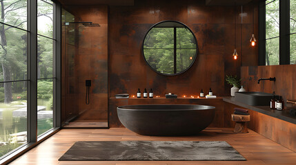 A luxury bathroom. Dark wood and black fixtures interior design. Created with generative AI.