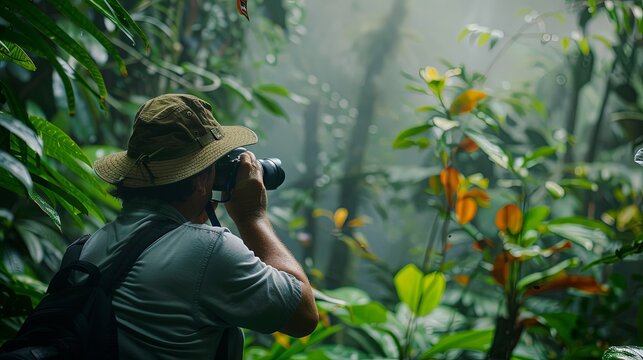 A focused wildlife photographer immersed in the dense greenery of the jungle, aiming his camera to capture the elusive beauty of nature. Wildlife Photographer Capturing the Essence of the Jungle

