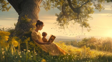 A tender portrayal of a mother reading a story to her child under a tree, surrounded by the beauty of nature, capturing the essence of bonding on Mother's Day in high-definition