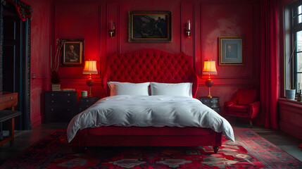 A luxurious bedroom. Velvet decor interior design. Created with generative AI.