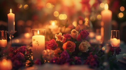 An enchanting scene of a candlelit dinner table decorated with elegant flowers, creating a romantic and intimate setting for Mother's Day celebrations, portrayed in stunning