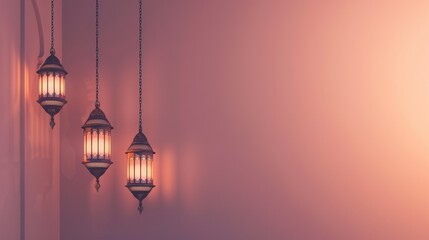 Ramadan Kareem background for Islamic template design, showcasing a minimalist hanging lantern with abundant copy space. - obrazy, fototapety, plakaty