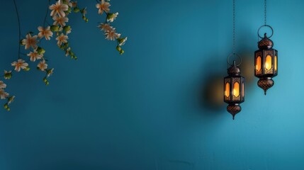A Ramadan Kareem background for Islamic template design featuring a minimalist hanging lantern and ample copy space