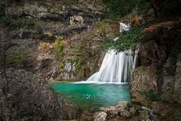 One of the blue pools of the Mundo River waterfall after the February burst in Albacete, Castilla...