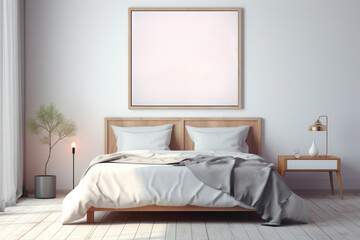 A peaceful bedroom scene with a simple, empty frame on a wall painted in soothing, gradient colors, exuding tranquility.