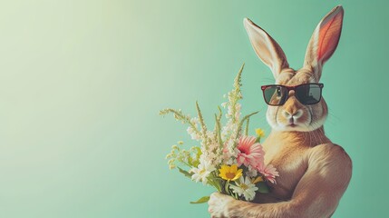 Easter rabbit bodybuilder in sunglasses with bouquet of flowers on plain green sunny background, copy space. Sporty rabbit