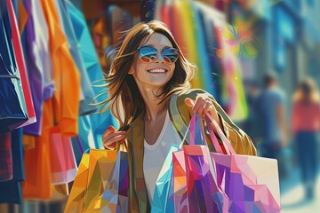 Ragazza sorridente mentre si avventura tra i negozi, portando con se una serie di borse piene di acquisti recenti - obrazy, fototapety, plakaty