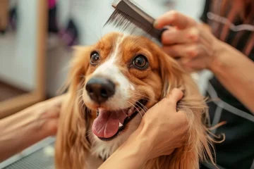 Tableaux sur verre Salon de beauté cane viene spazzolato con cura durante una visita al salone di toelettatura