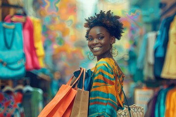 Ragazza nera sorridente mentre si avventura tra i negozi, portando con se una serie di borse piene di acquisti recenti