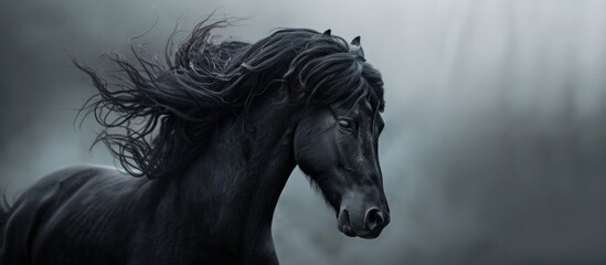 Majestic black horse with flowing mane standing gracefully in eerie fog