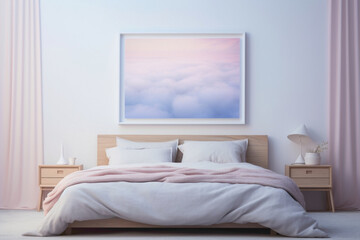 A peaceful bedroom scene with a simple, empty frame on a wall painted in soothing, gradient colors, exuding tranquility.