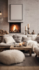 A picture-perfect Scandinavian living room with a cozy seating area centered around a fireplace. The room features a mix of textures, including a shaggy rug, plush cushions, and a knitted throw,