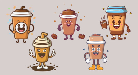 Groovy coffee cartoon characters. Funny happy daisy with eyes and smile. Sticker pack in trendy retro trippy style. Isolated vector illustration. Hippie 60s, 70s style