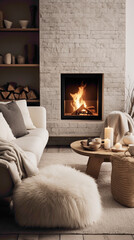 A picture-perfect Scandinavian living room with a cozy seating area centered around a fireplace. The room features a mix of textures, including a shaggy rug, plush cushions, and a knitted throw,