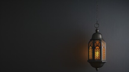 Fototapeta na wymiar A Ramadan Kareem background for Islamic template design featuring a minimalist hanging lantern and ample copy space