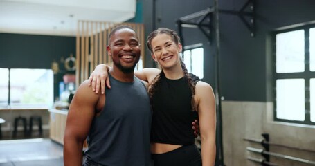 Smile, sports and face of couple in gym for health, wellness and body workout or training. Happy, fitness and portrait of interracial young man and woman with pride in center or studio for exercise.