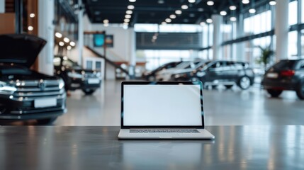 Laptop with blank white screen on table, with background in modern car showroom