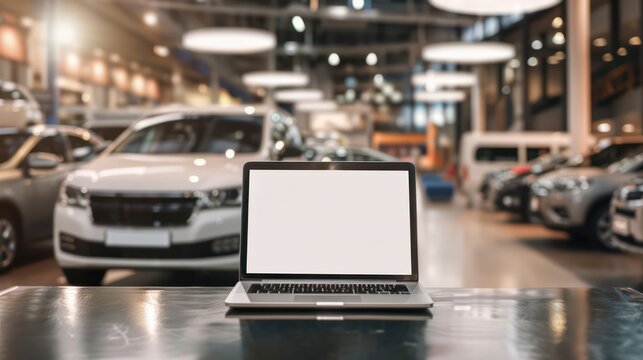 Laptop with blank white screen on table, with background in modern car showroom