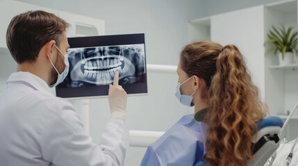 Dentist doctor showing to the female patient jaw x-ray on the screen of a clinic computer