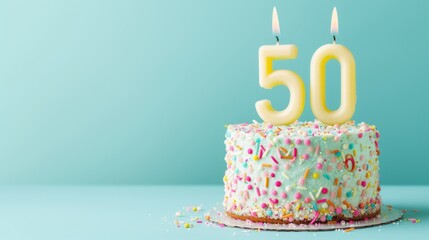 Birthday cake with 50 number shaped candles on isolated blue background with space for copy
