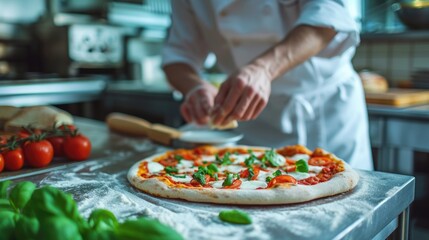 Closeup professional chef preparing pizza in a in the modern kitchen restaurant