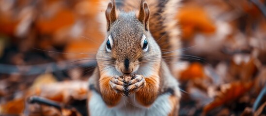 Cute squirrel carrying a delicious nut in its mouth, wildlife animal gathering food in autumn forest - obrazy, fototapety, plakaty