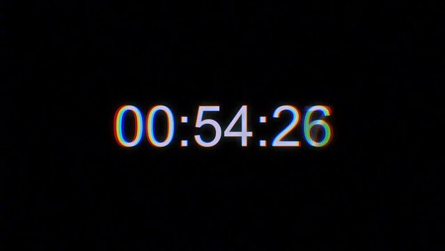 Timecode with glitch and hromo effects. Timecode countdown glitch malfunction real time one minute 30 fps. Shimmering digits on black background Real time.
