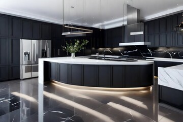 Modern kitchen in luxury mansion, snow white interior with black marble kitchen 