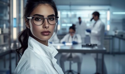 A poised young woman scientist, donning a pristine white coat and glasses, in laboratory