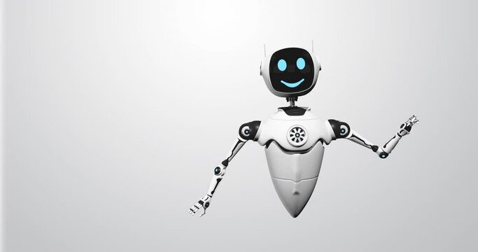 3d animation flying robot with smiley face waving its arm while floating against white background