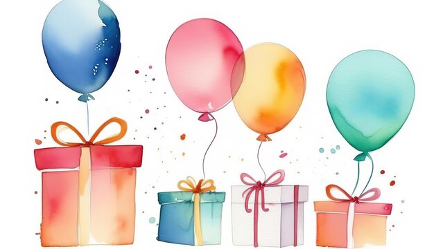 watercolor image of gift boxes and balloons with ribbons on a white background, gift boxes and balloons, the concept of postcards and birthday gifts