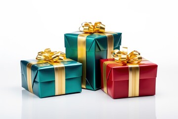 A collection of wrapped gifts on white
