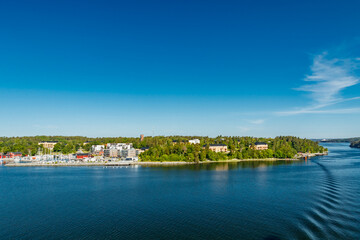 Fototapeta na wymiar View to Vaxholm in Stockholm archipelago in Baltic sea. Summer morning.