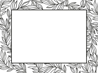 hand drawn frame with vector plants, brunch of flowers, sketch of leaves, herbs, grass, inked silhouette of leaves, monochrome illustration isolated on white background