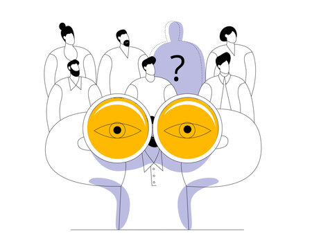 recommend clip art: An HR manager uses binoculars to search for an employee to join a team of professionals. Vector outline illustration on the topic of employee search