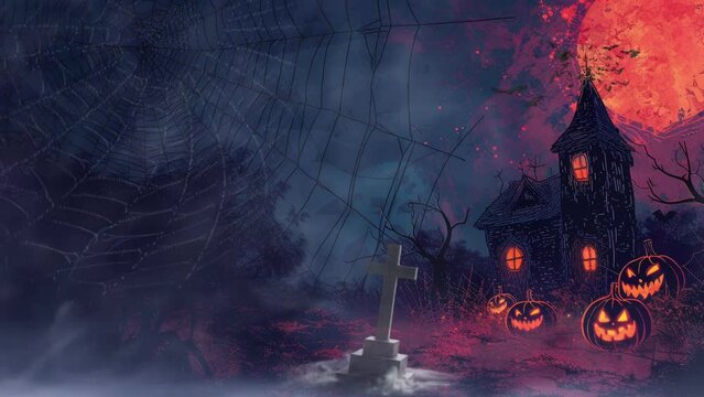 animated halloween night decorative with bat and moon background. seamless looping time-lapse virtual video animation background.	