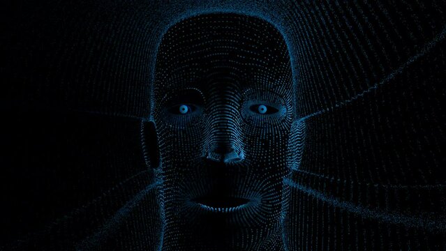 Animated abstract illustration virtual robot head formed by blue dots moving its lips