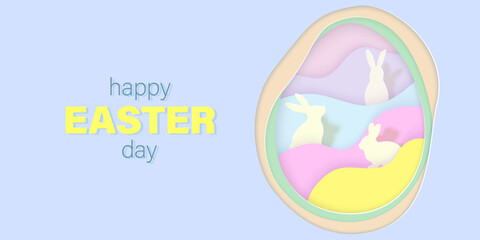 Happy Easter Day banner in paper cut style with rabbits . Colorful Easter horizontal illustration.