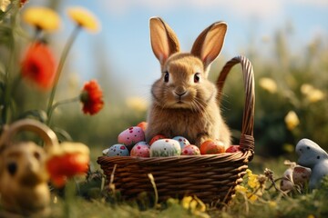 Rabbit with Easter eggs and balloons