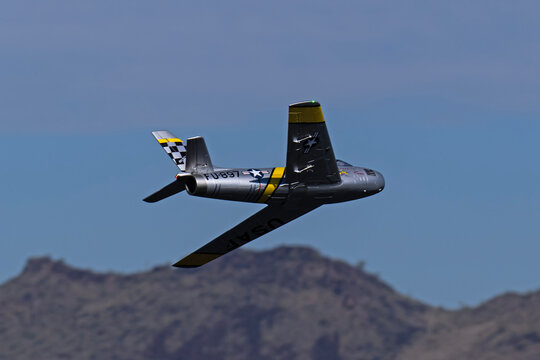 Adobe Dam Park 2-17-2024 Glendale AZ, USA..Radio Controlled scale model of a F-86 at the 2024 winter jet jam hosted by the AZ Model Pilots Society