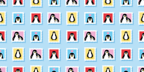 penguin seamless pattern stamp post mail bird cartoon doodle gift wrapping paper tile background repeat wallpaper illustration isolated design