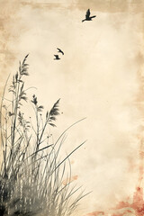 Birds Flying Over Tall Grass Painting card