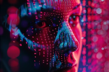 matrix human face 3d neon binary code random