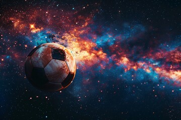 Fototapeta premium Football on the galaxy where the ball glows with nebulae colors creating a spectacular sight