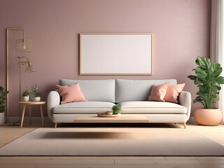 AI-generated image of a contemporary living area including a plush sofa and an empty frame design.