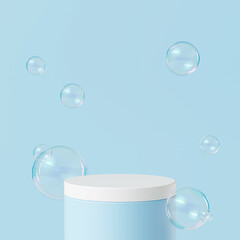 Background images for product placement Blue tone and floating bubbles. 3D Scene