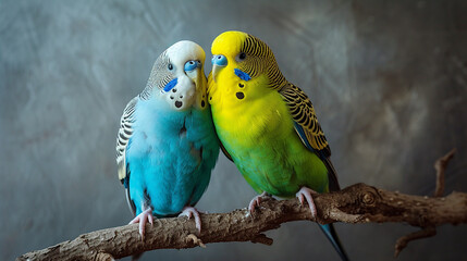 pair of budgerigars parrots - obrazy, fototapety, plakaty